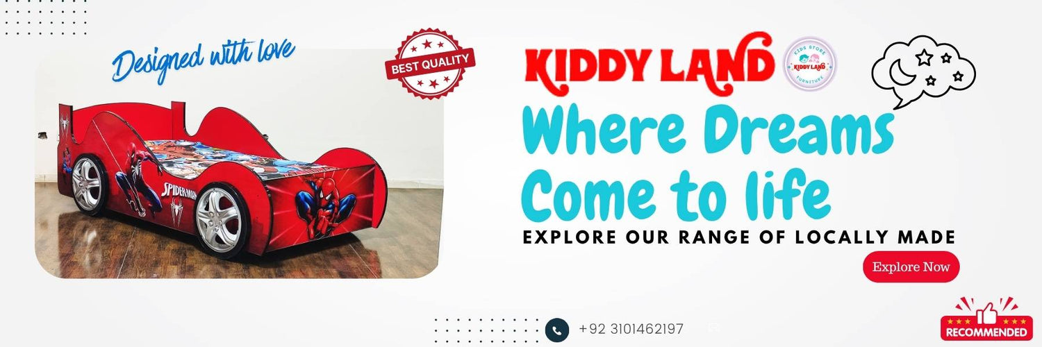 Promotional banner for Kiddy Land with a red toy car and text about locally made products.