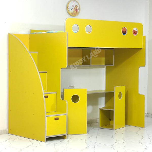 Premium Quality Yellow Color Bunk Bed With Study Table And Two Chairs