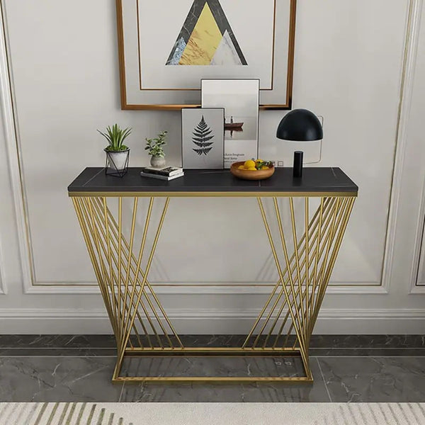 Contemporary Rectangular Stone Design Console table With Gold Finishing