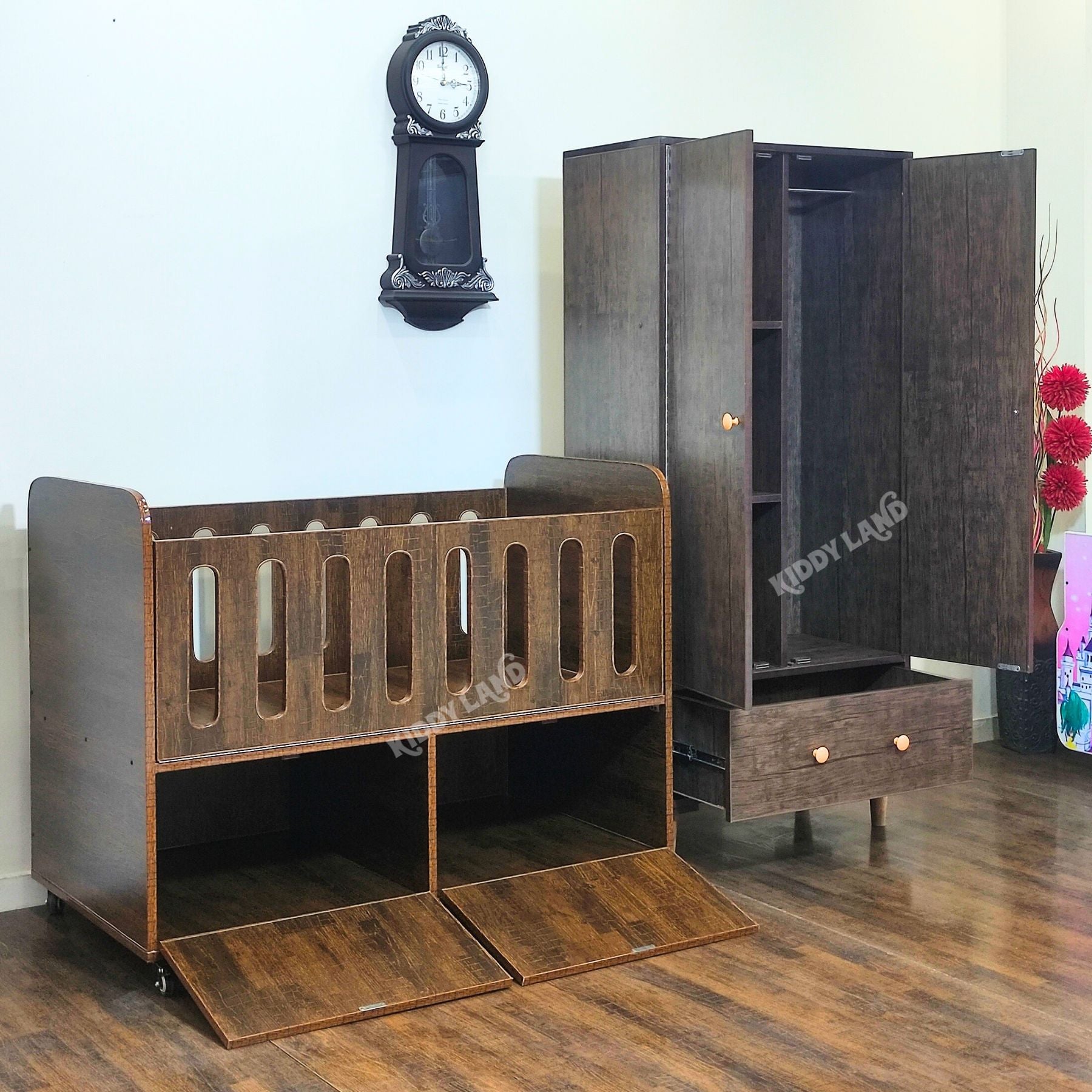 Brown Color Wooden Baby Cot And Wardrobe Set