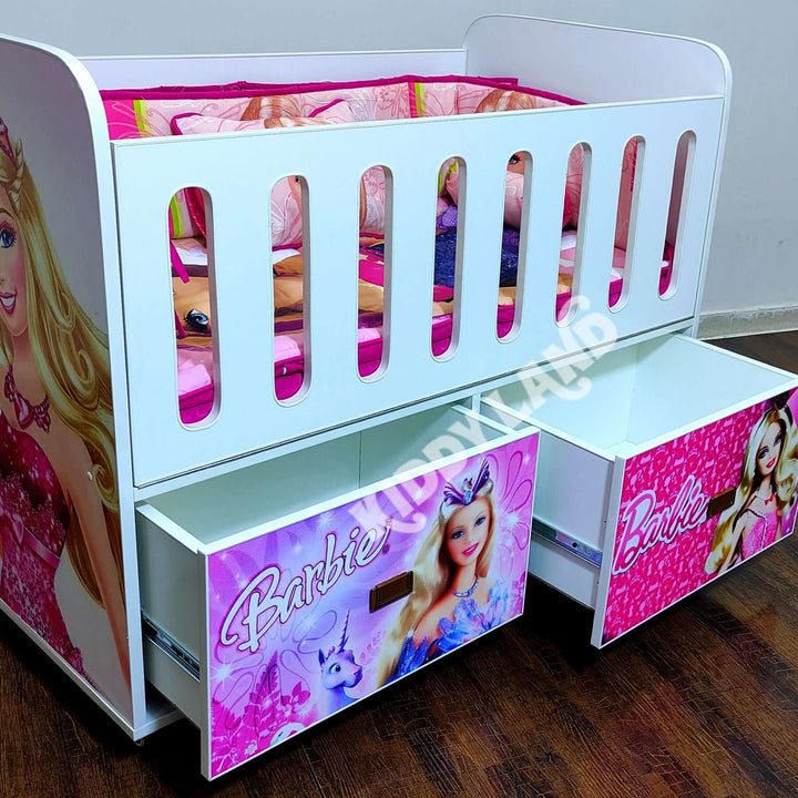 Barbie doll crib - wooden cot with two drawers.