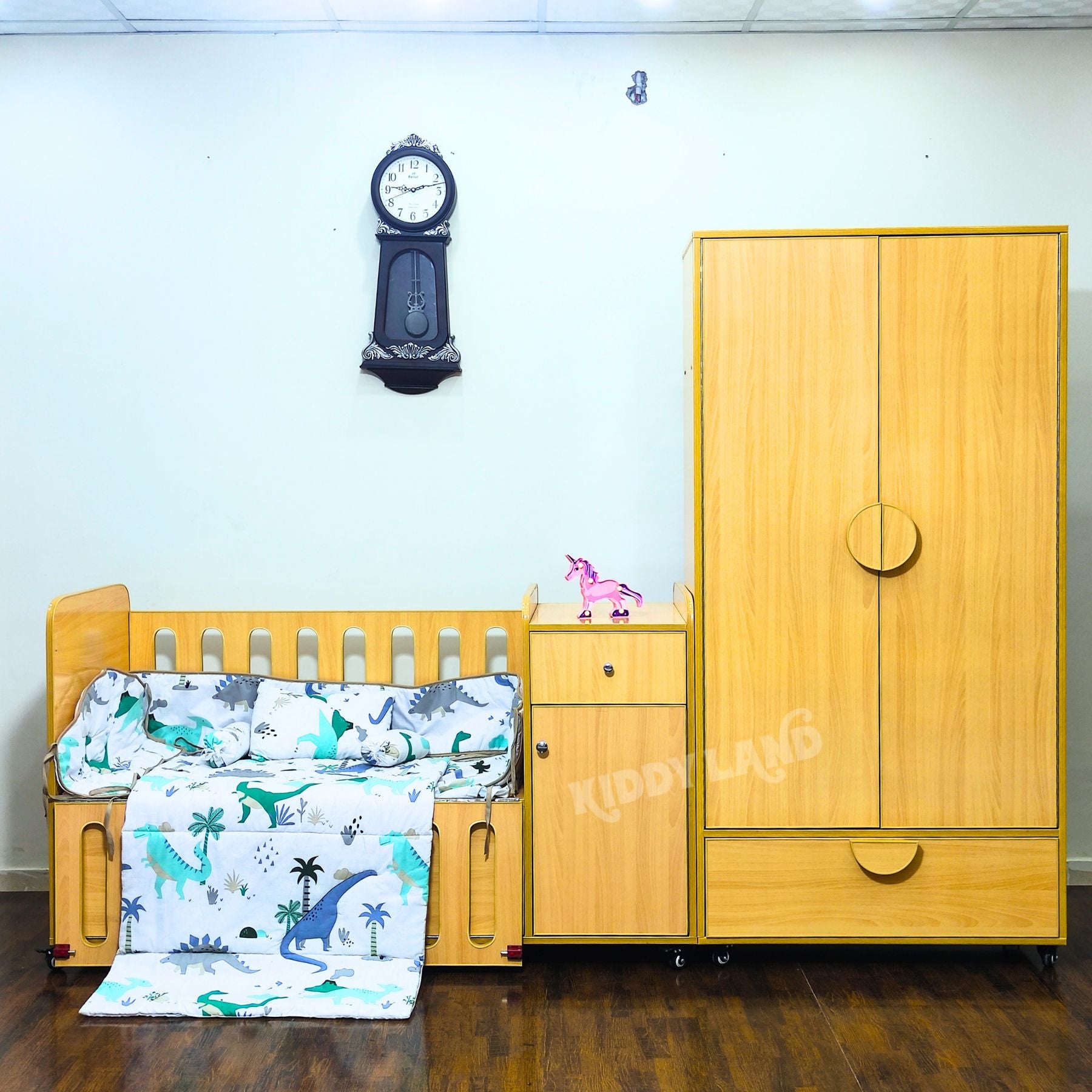 Wood Color Wooden Baby Cot And Wardrobe Set