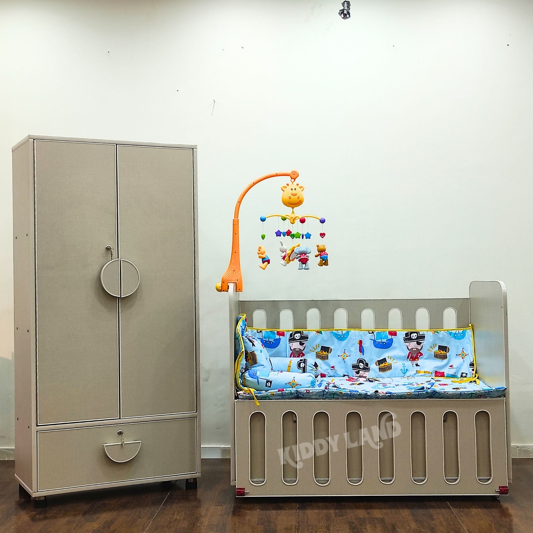 Beige Color Wooden Baby Cot And Wardrobe Set