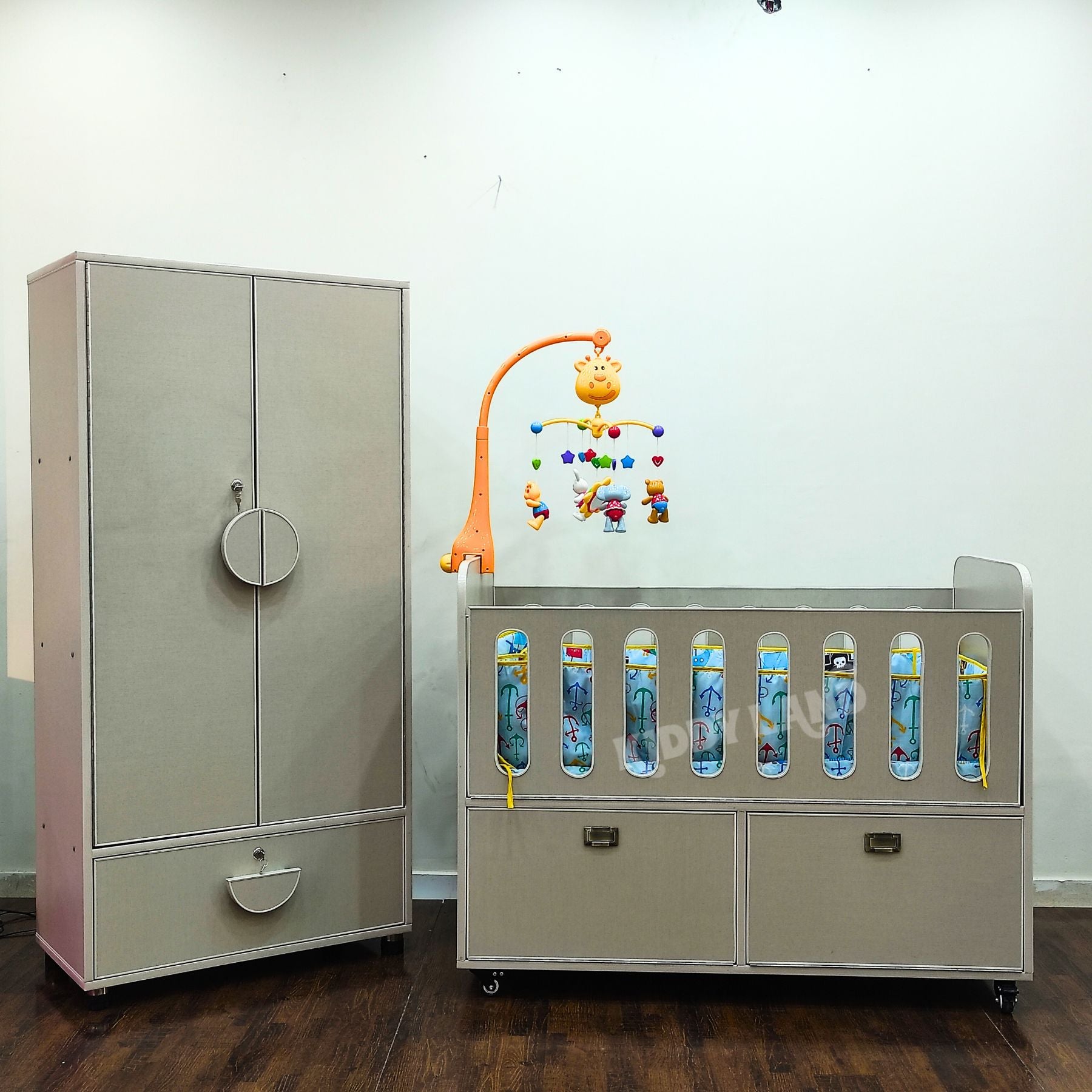 Beige Color Wooden Baby Cot And Wardrobe Set
