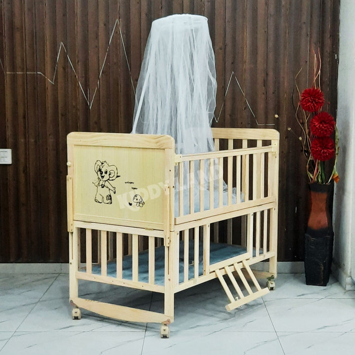 Premium Wooden Baby Cot With Rocking & Side Ladder – Natural Finish
