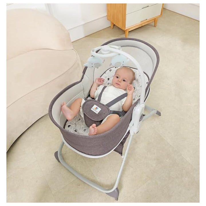The Mastela 6-in-1 Deluxe Multi-function Bassinet is ideal for slumbering infants, featuring a cushioned 5-point harness recline seat, adjustable canopy with built-in mosquito net, music and vibration capabilities, detachable toy bar, height adjustment op