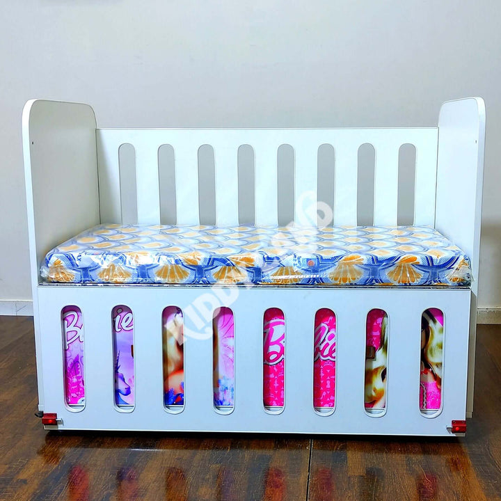 Barbie doll crib - wooden cot with two drawers.