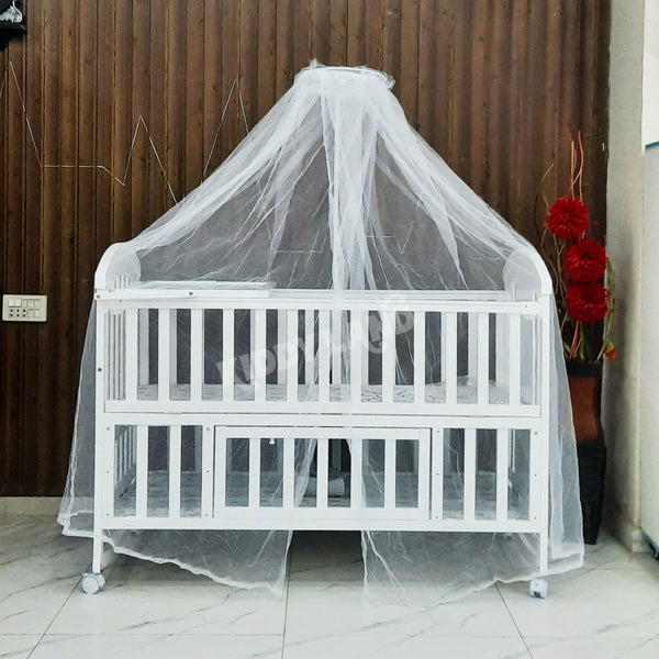 Premium Wooden Baby Cot with Mosquito Net & Feeding Tray
