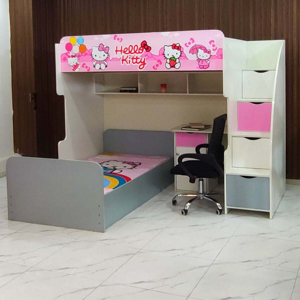 Girls Favourite Hello Kitty Bunk Bed With Attach Study Table