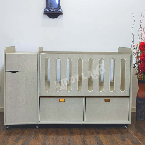 Beige Color Wooden Baby Cot With Chester And Slider Front
