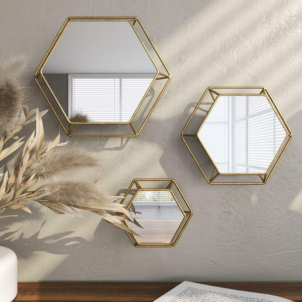 Modern Set Of 3 Shanton Hexagonal Wall Mirrors By Aspire