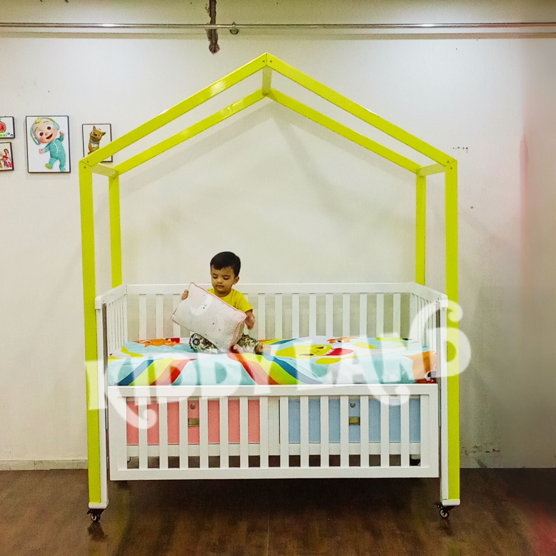 Multi Color Wooden Baby Cot And Wardrobe Set