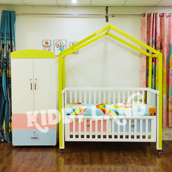 Multi Color Wooden Baby Cot And Wardrobe Set