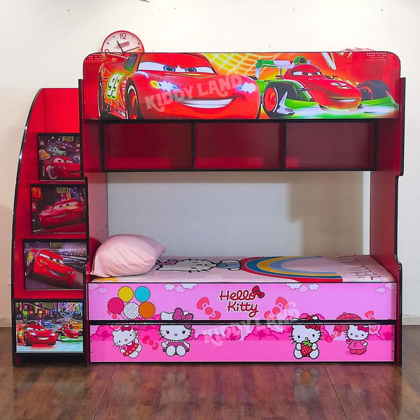 Cars And Hello Kitty Red Color Bunk Bed For Three Kids