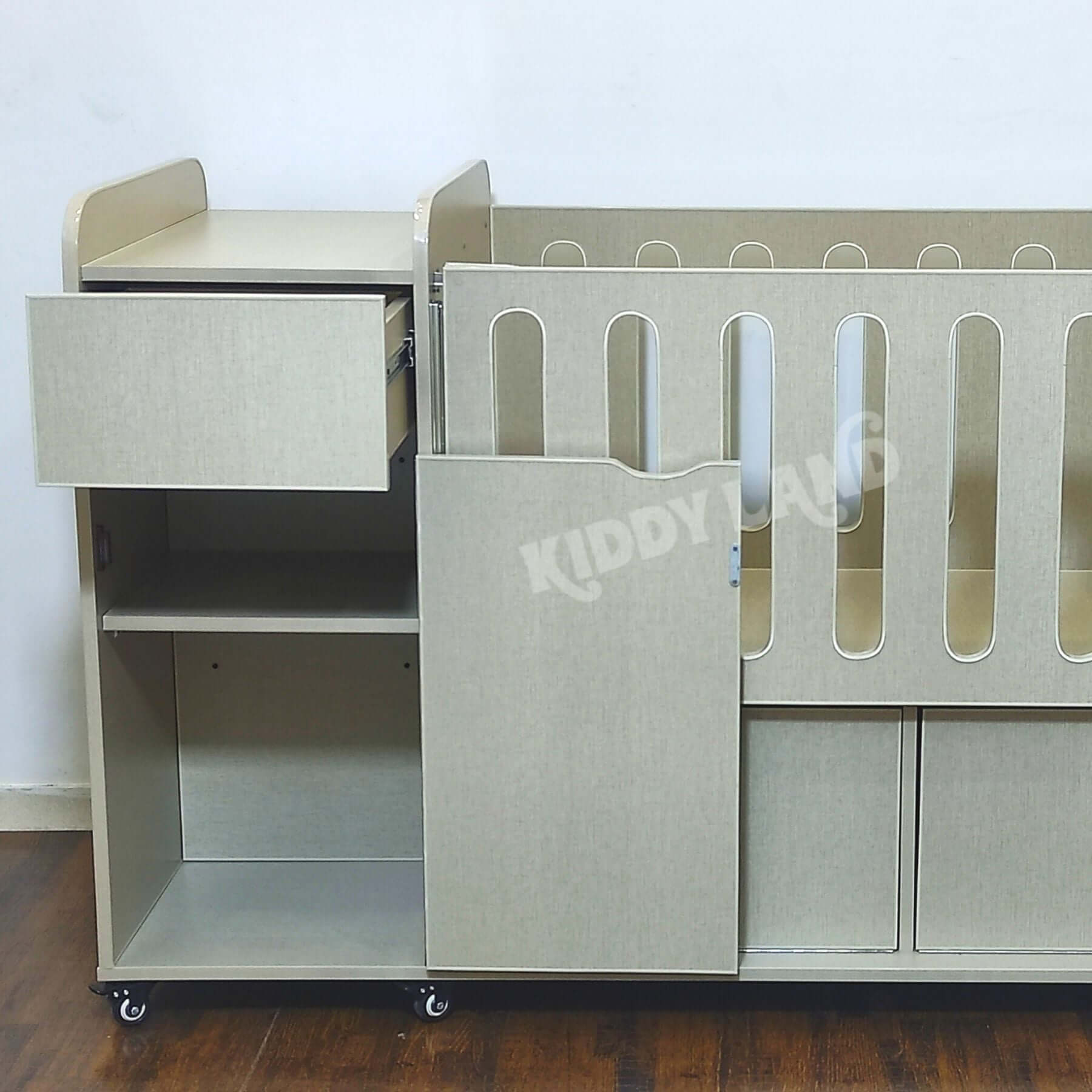 Beige Color Wooden Baby Cot With Chester And Slider Front