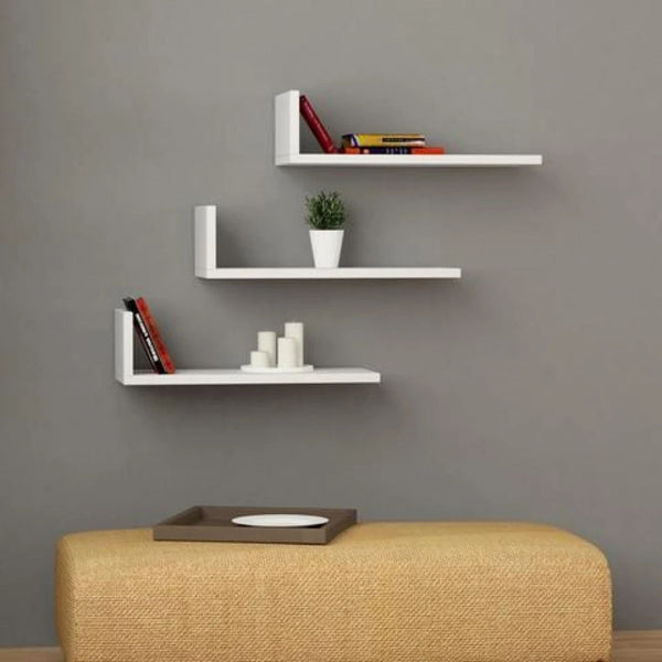 L-Shaped Floating Shelves White Set of 3