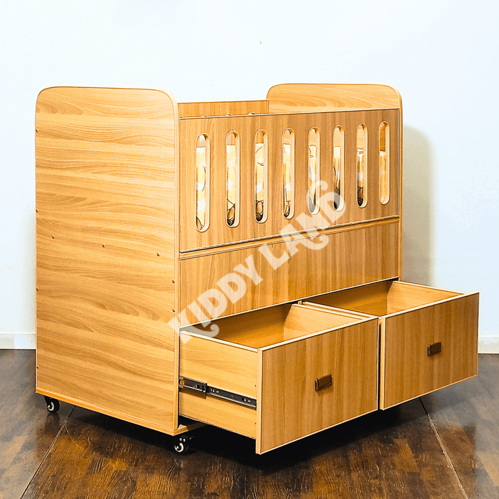 Wood Color Newborn Baby Wooden Cot With Drawers