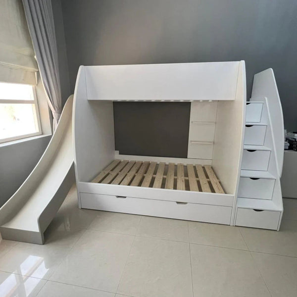White Color Bunk Bed For Kids With Stairs and Storage