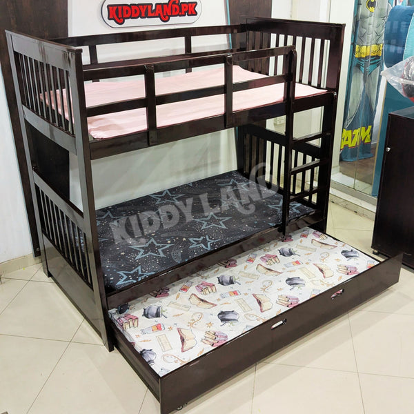 Brown Color Pure Wood Bunk Bed For Three Kids