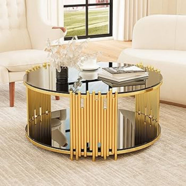 Modern 2 Tier Round Coffee Table With a Glass On Top and Gold Finishing