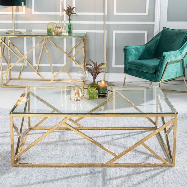 Modern Geometric Center Table - Rectangular Clear Glass & Gold Chrome Table