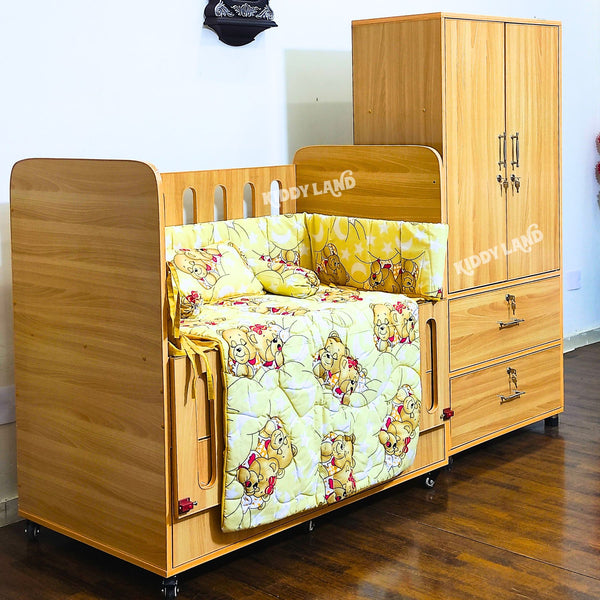 Ligh Wood Color Wooden Baby Cot And Wardrobe Set