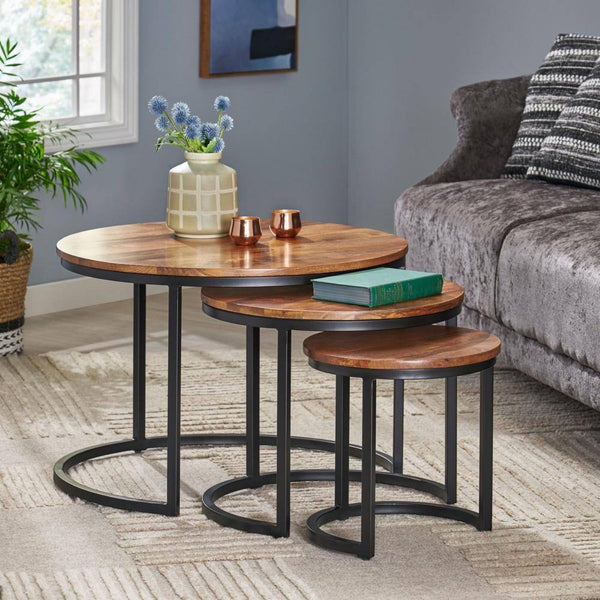 Nesting Coffee Table Set of 3, Round End Table Stacking Coffee Table