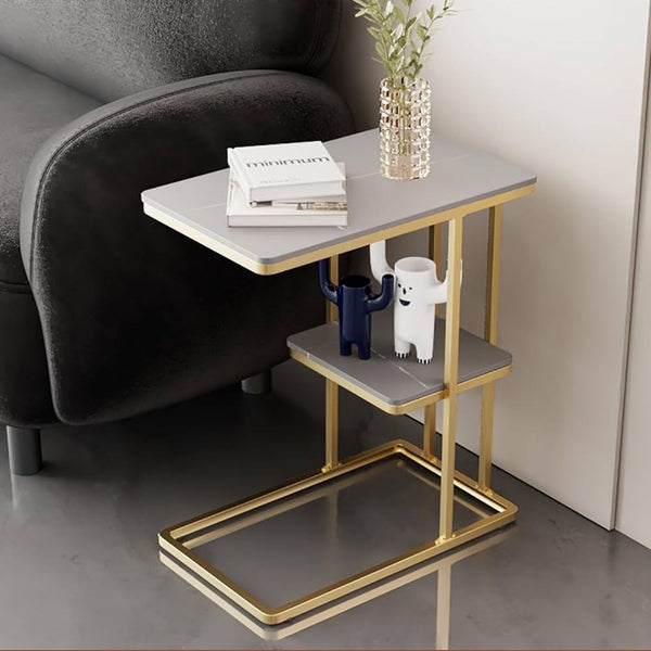 Contemporary Nordic Rectangular Rock Slab Metal End Table 2-Tier For Living Room