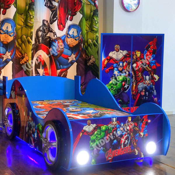 Avengers Blue Colour Lightning Car Bed with Wardrobe for Boys.