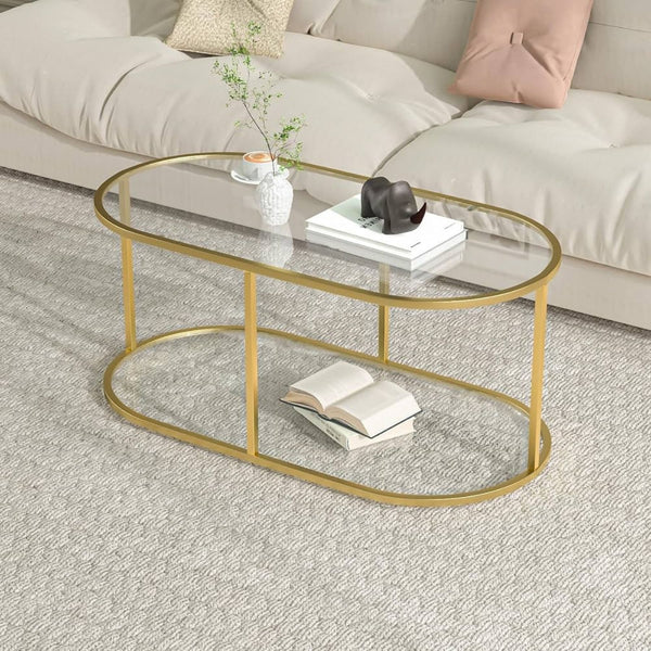 Alden Design Two-layer Modern Oval Glass Center Table for Living Room