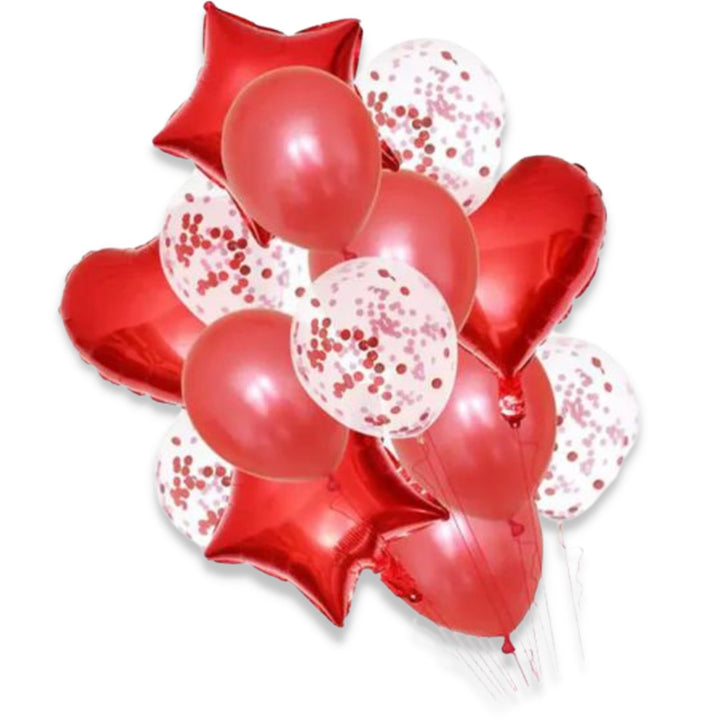 A set of 14 Balloon - 2 pieces 18 inch Star balloon, 2 pieces 18 inch Heart balloon, 5 pieces 12 inch Confetti, 5 pieces 12 inch Latex balloon