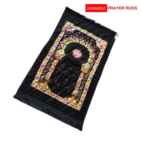 Black Mehrab Desgin Foam Print Embossed Prayer Mat