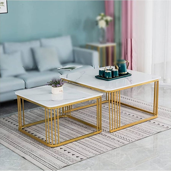 Luxury Set Of 2 Square Shape Coffee Table With White Top