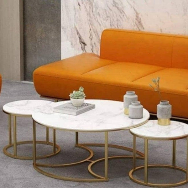 Modern Design Set Of 3 Round Shape Coffee Table With White Top