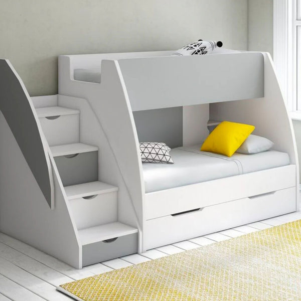 White & Gray Bunk Bed with Stairs and Storage