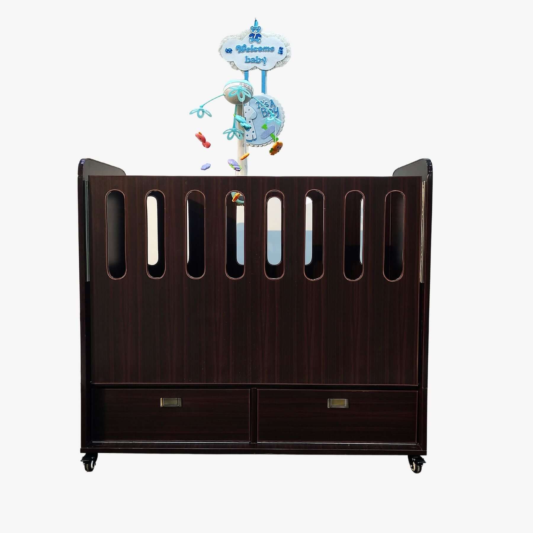 Dark Brown Wooden Laminated Sheet Sliding Baby Cot