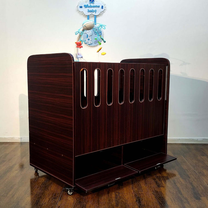 Dark Brown Wooden Laminated Sheet Sliding Baby Cot