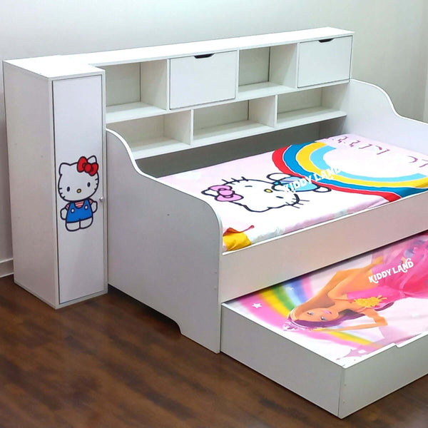 White Premium Quality Kids Double Bed With Wardrobe And Storage