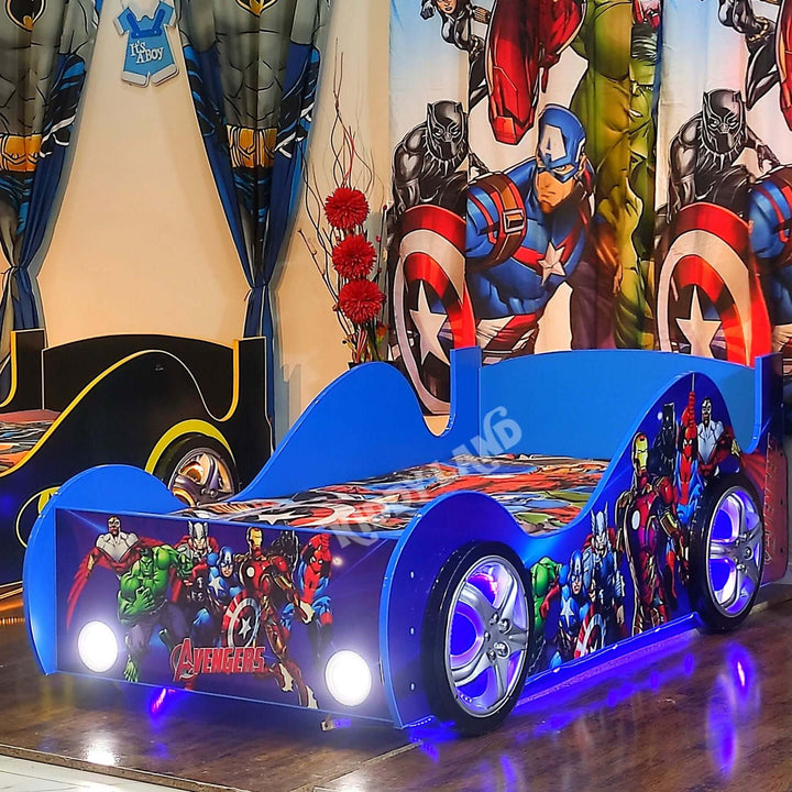 Avengers Blue Colour Lightning Car Bed with Wardrobe for Boys.
