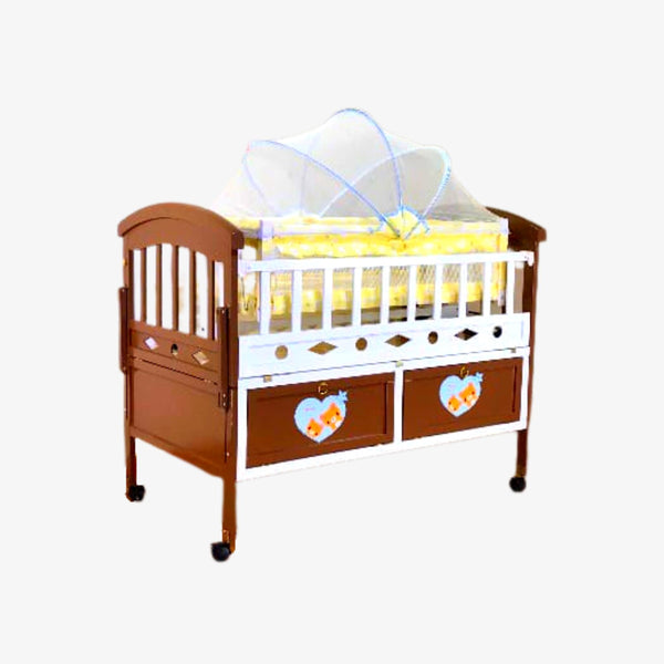 White & Brown 2 in 1 Wooden Baby Cot With Mosquitto Net