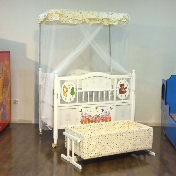 White Wooden Baby Cot With Mosquitto Net